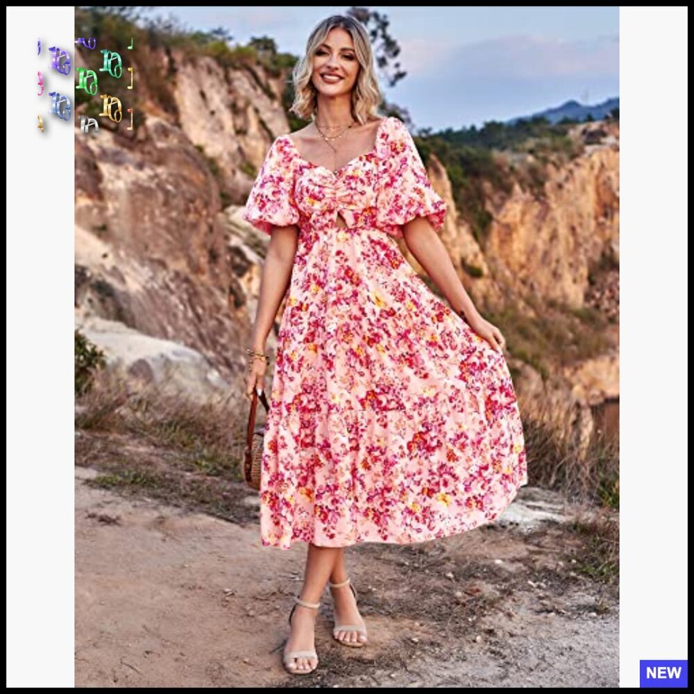 Boho Maxi Dress Flowy Smocked Back Square Neck Short Sleeve Casual Summer - Picture 2 of 7